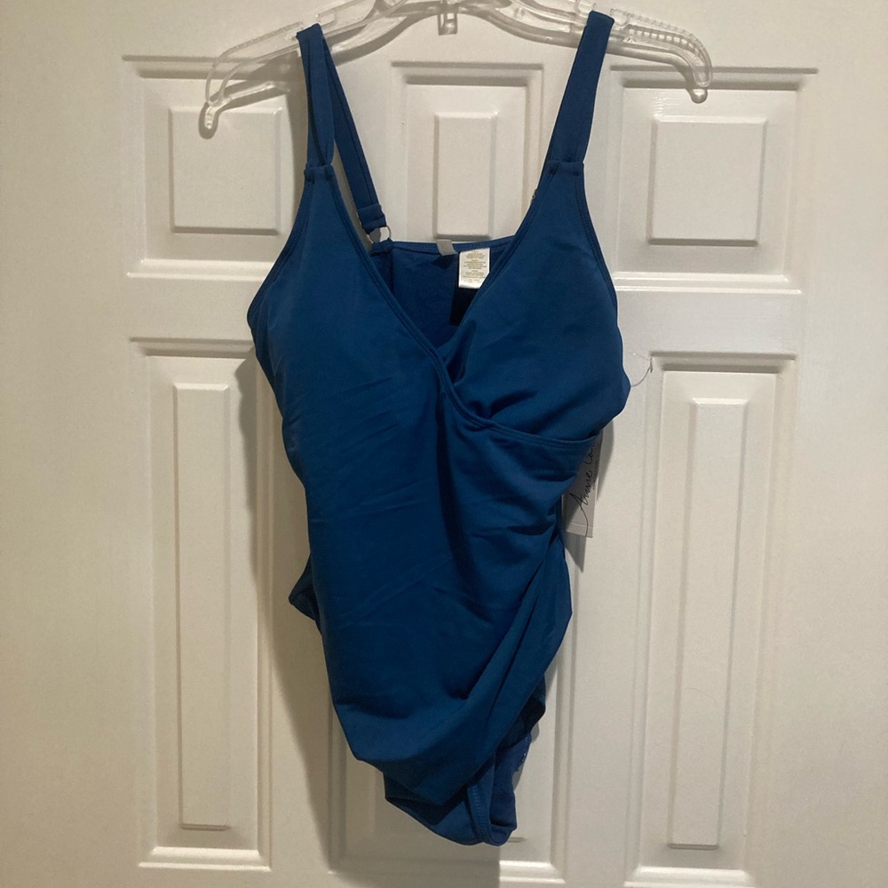 Anne Cole blue rouching side one piece swim suit